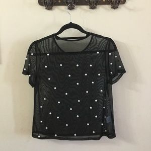 Sheer Mesh Pearl Statement Top